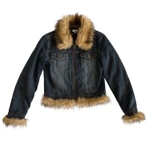 Y2K Giacca Faux Fur Trim Denim Jacket Dark Wash Studded Zip Up Small